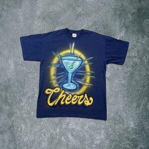 Vintage Fruit of The Loom Spray Paint “Cheers” Cocktail Graphic Navy Blue Shirt